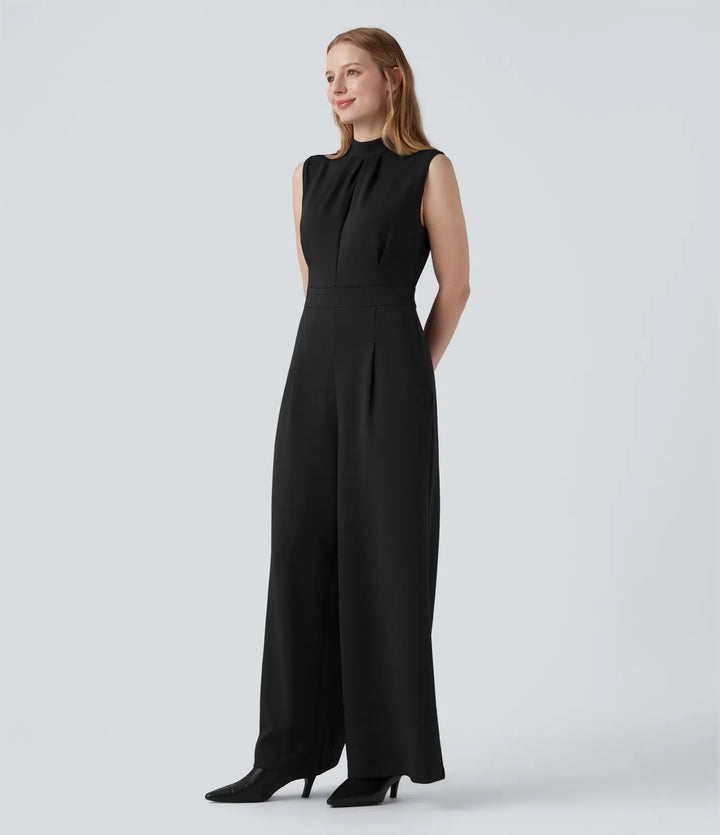 Halvpolo dragkedja ärmlös arbete vida ben jumpsuit med fickor