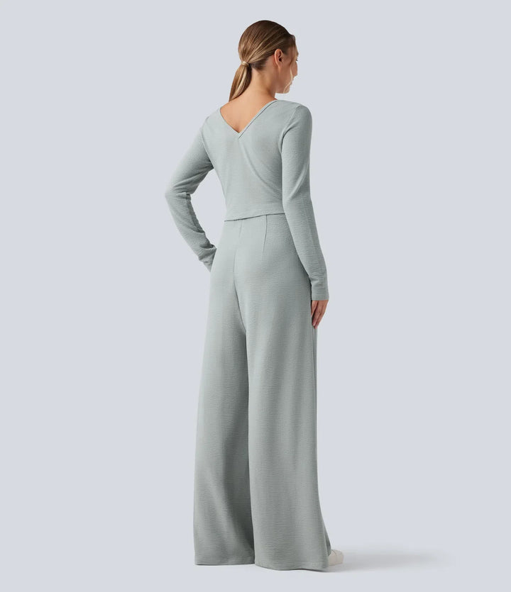 V-ringad långärmad vardaglig jumpsuit med fickor-Easy Peezy Edition