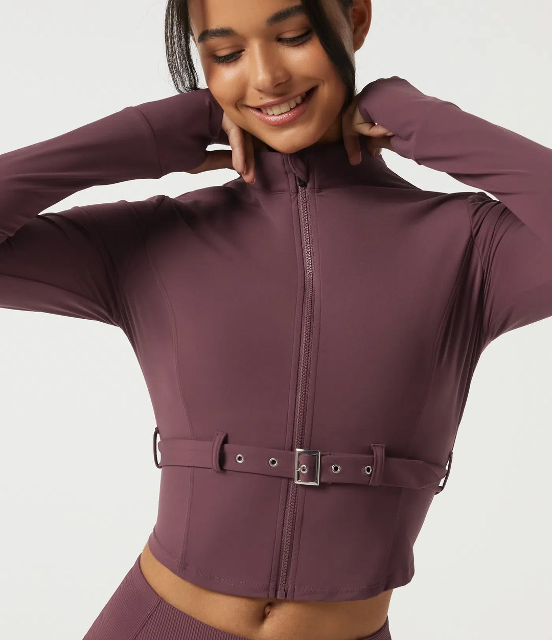 Lyckera UltraSculpt ståkrage långärmad spänne bältad yoga kurvig jacka