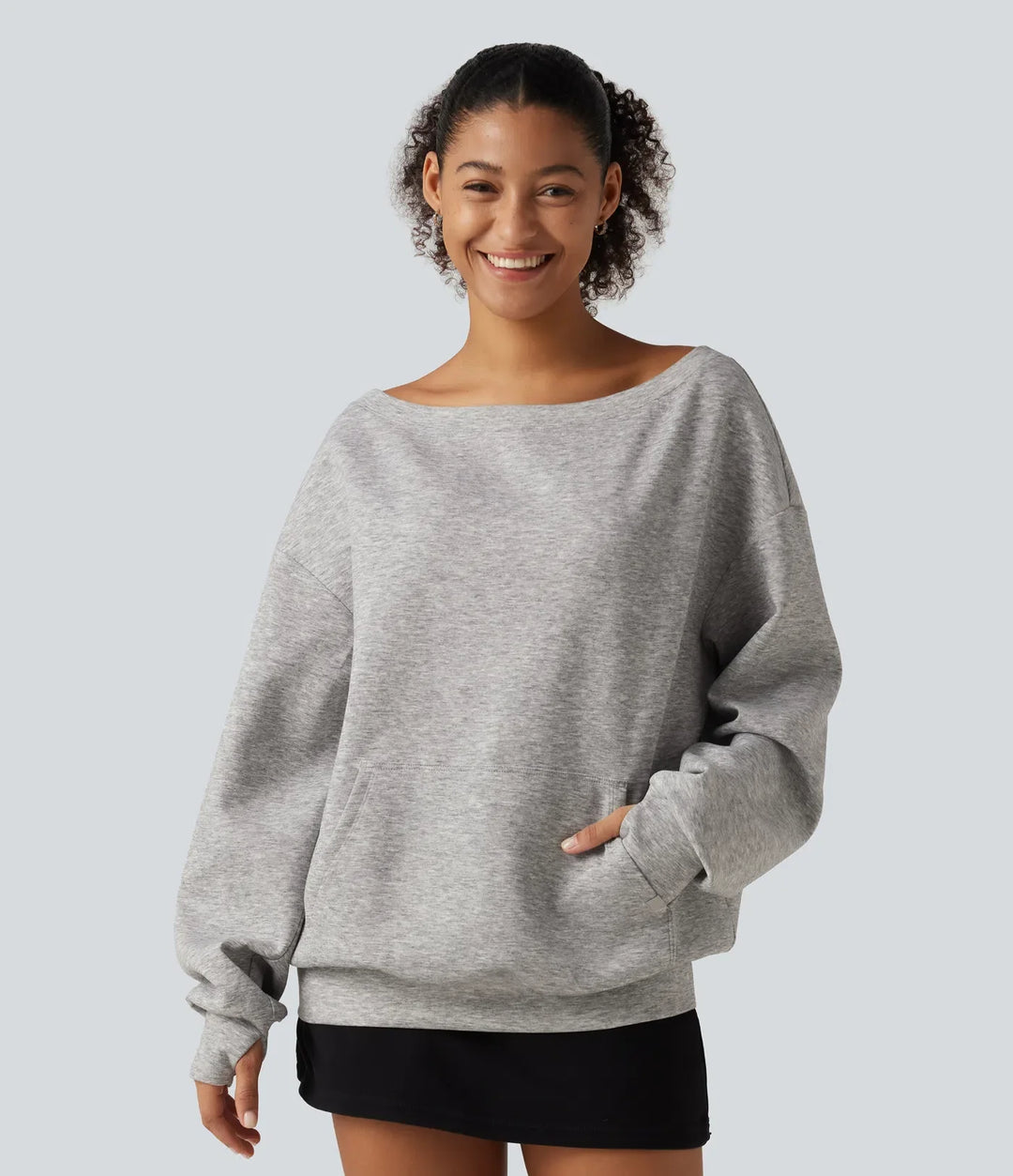 Enaxlad långärmad pullover vardaglig sweatshirt med ficka och tumhål