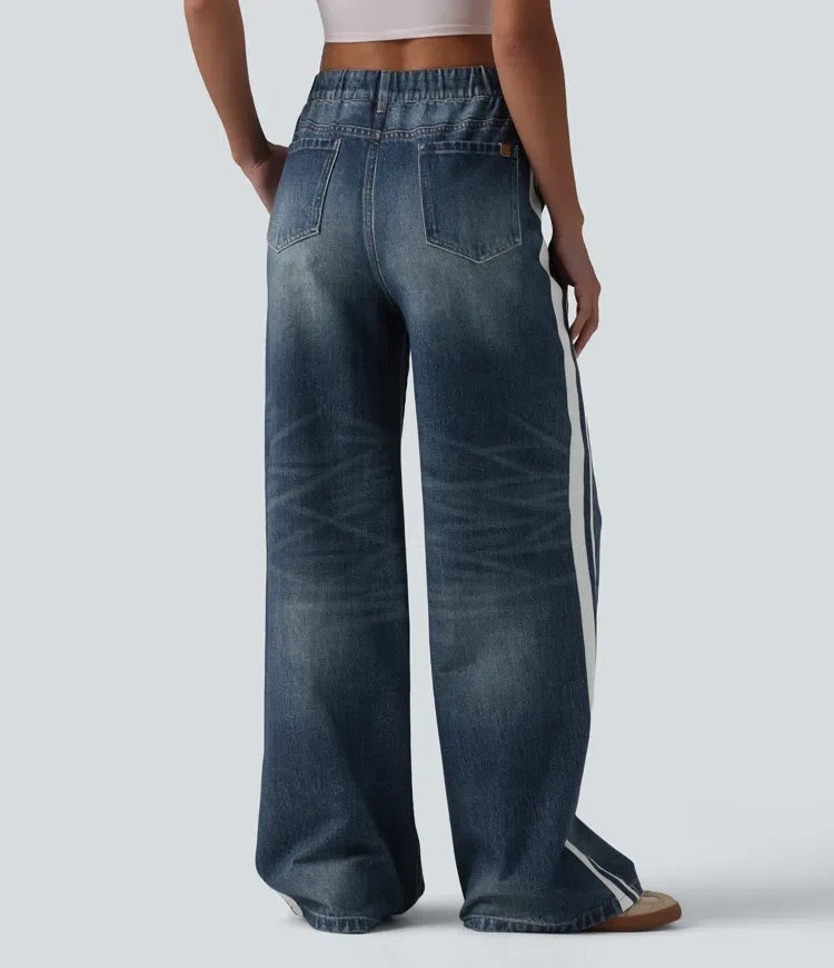 Med medelhög midja denim tryck French terry rand för vardag mjukisbyxor jeans med fickor