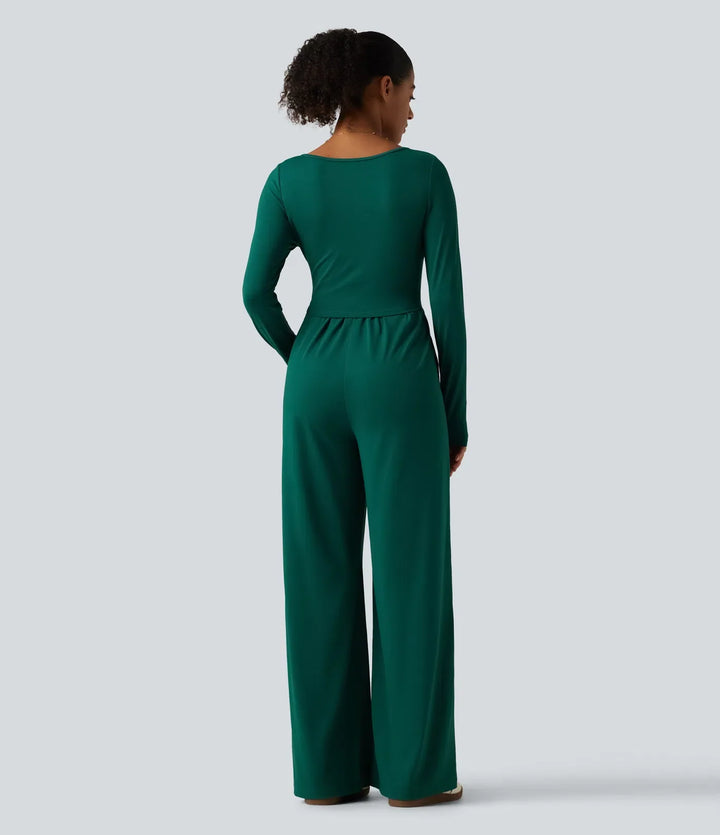 V-ringad långärmad rynkat vida ben vardaglig jumpsuit med fickor-Easy Peezy Edition
