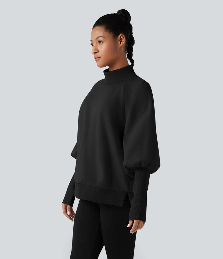 Halvpolo lång bishopärm fleece vardaglig sweatshirt