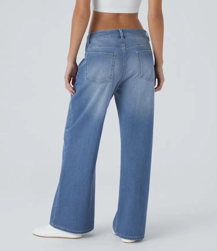 Halara Flex med låg midja dragkedja fickor tvättad baggy vida ben vardagsjeans
