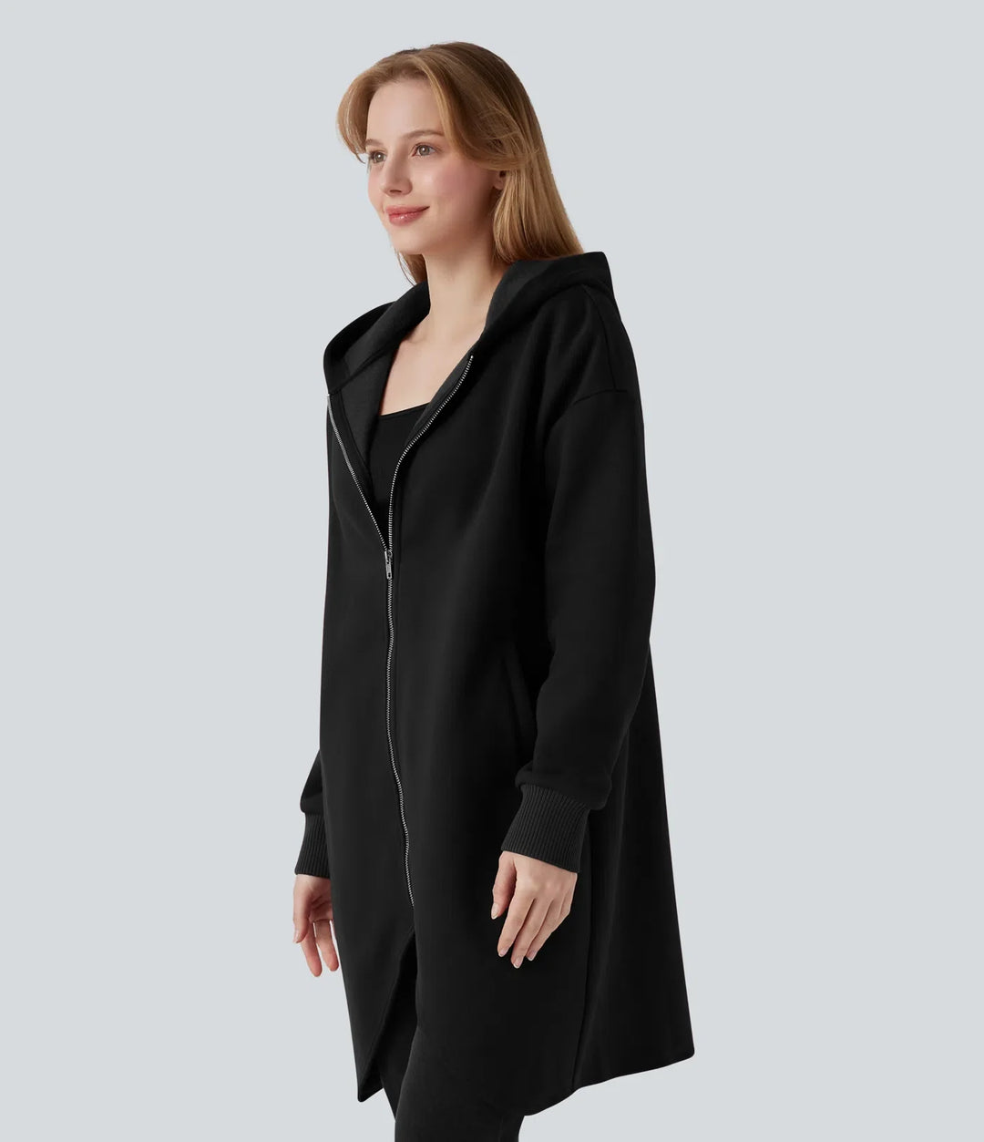 Med huva dragkedja långärmad rundad fåll lång modell vardaglig bomull sweatshirt med fickor