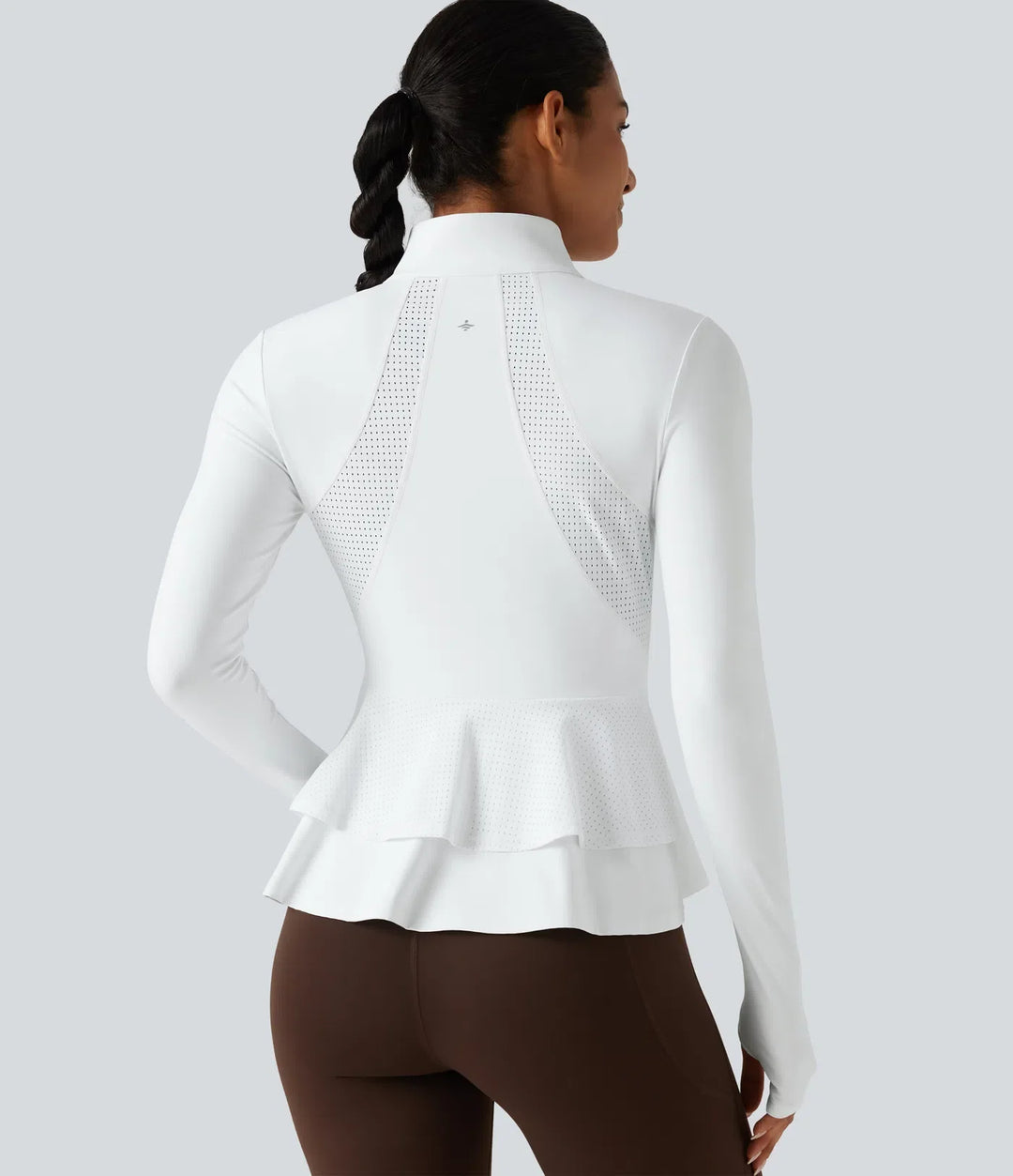 SoftlyZero luftig ståkrage långärmad tumhål hålbroderi volangfåll InstantCool yogajacka med fickor-UPF50+