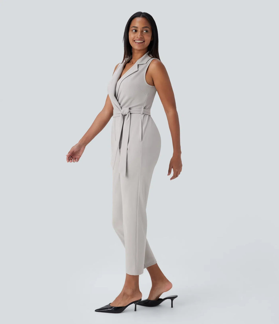 Ärmlös fickor bältad avsmalnande arbetsjumpsuit