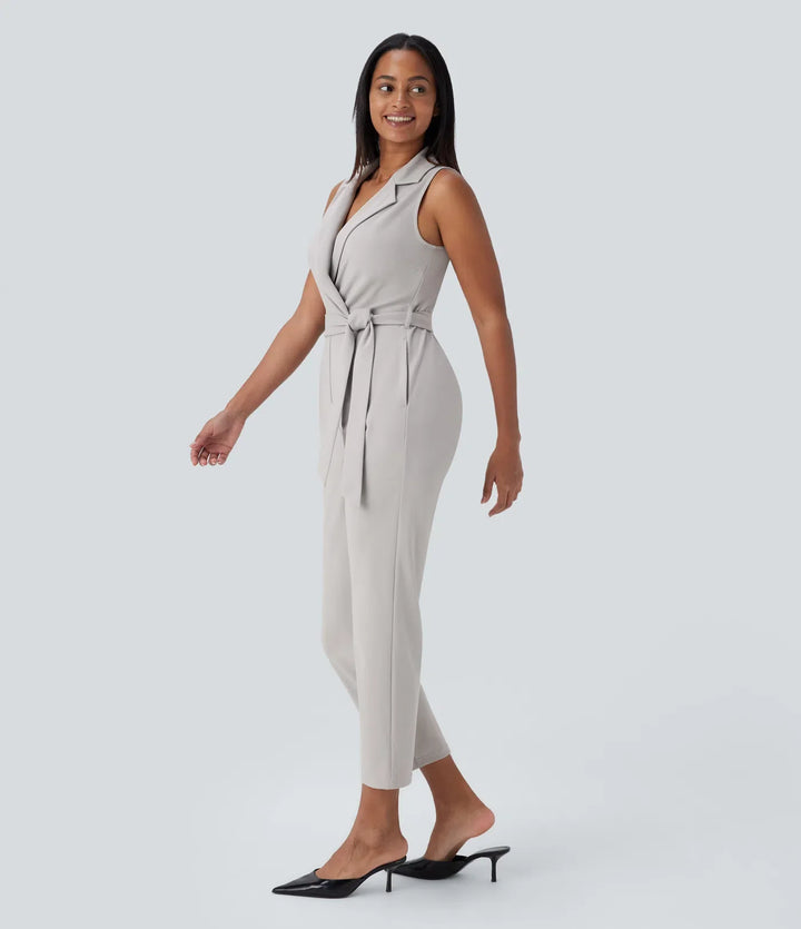 Ärmlös fickor bältad avsmalnande arbetsjumpsuit
