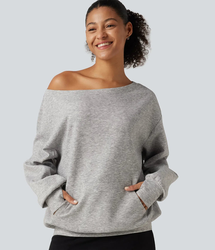 Enaxlad långärmad pullover vardaglig sweatshirt med ficka och tumhål