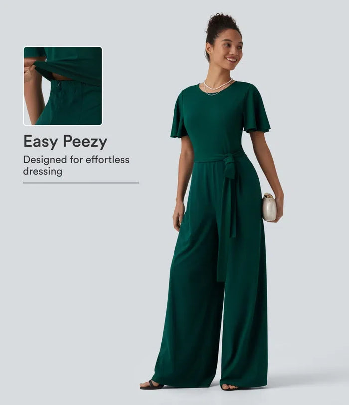 Rund halsringning kortärmad knytning framtill vida ben jumpsuit med fickor – Easy Peezy-utgåva