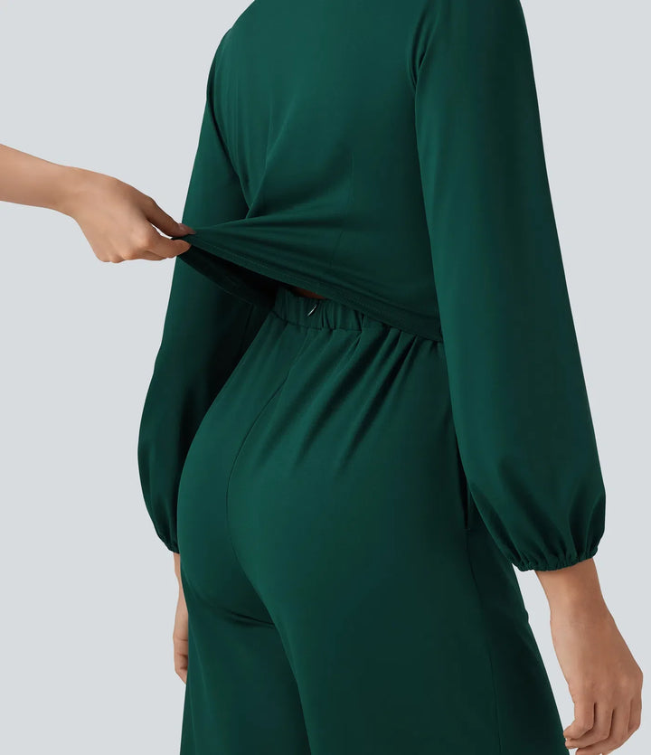 V-ringad långärmad vida ben arbetsjumpsuit med fickor-Easy Peezy Edition