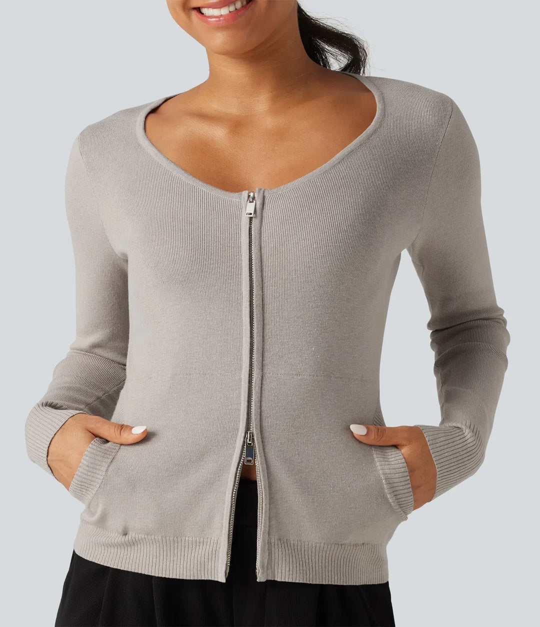 Rund hals långärmad smal lounge cardigan med fickor