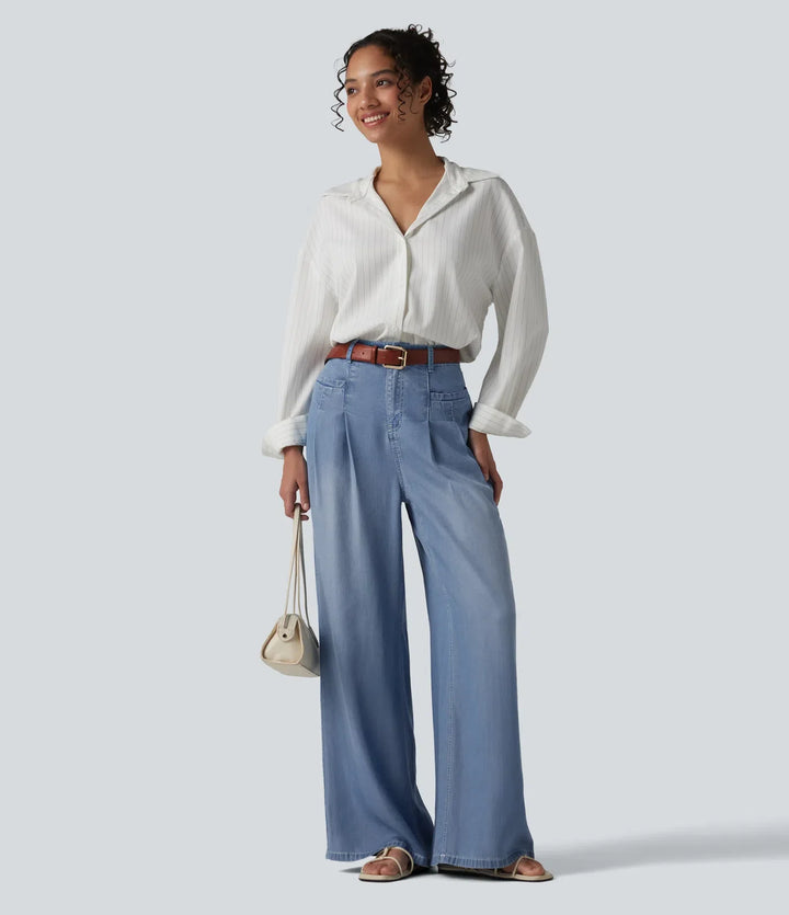 Med hög midja vida ben vardagsjeans med fickor