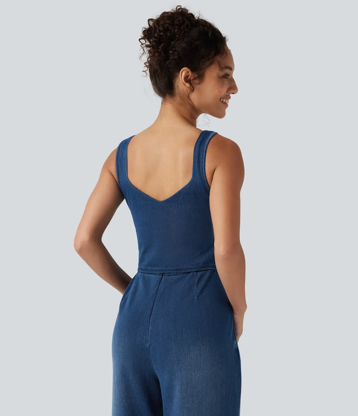 Lyckera Flex inbyggd BH denim vardaglig jumpsuit med fickor-Easy Peezy Edition