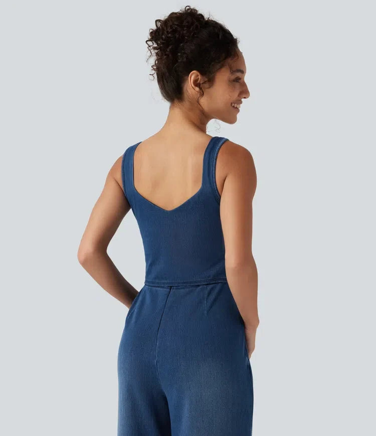 Halara Flex inbyggd bh denim jumpsuit för vardag med fickor – Easy Peezy-utgåva