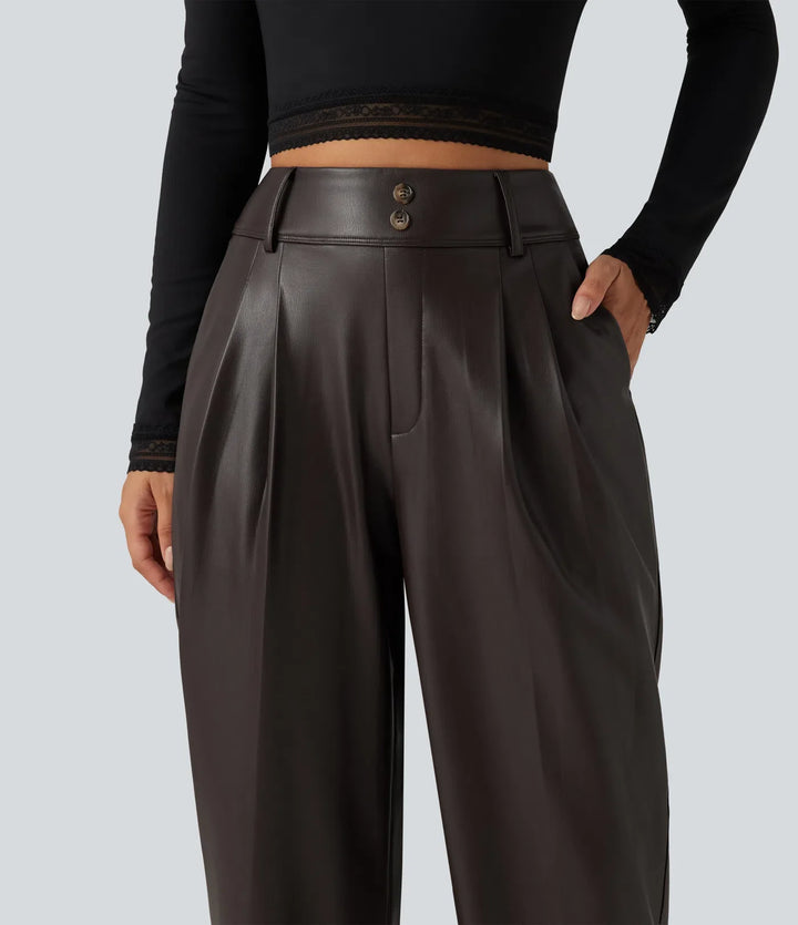 Högmidjad avsmalnande stretchig PU fleece vardagsbyxor med fickor