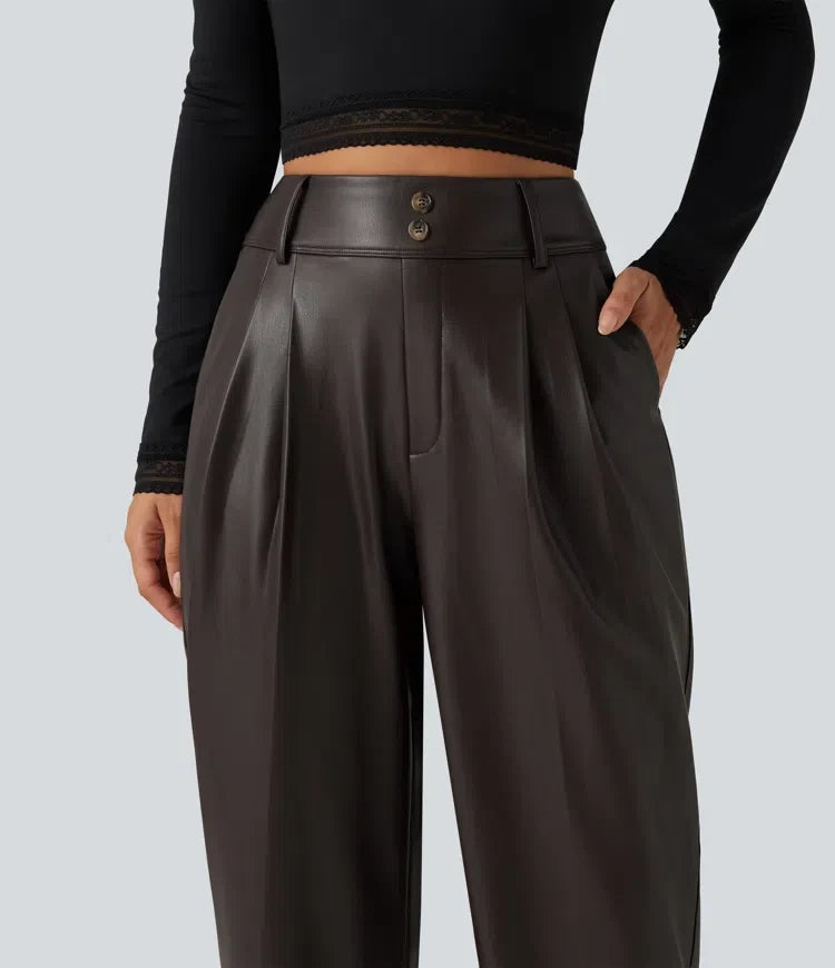 Högmidjad avsmalnande stretchig PU fleece vardagsbyxor med fickor