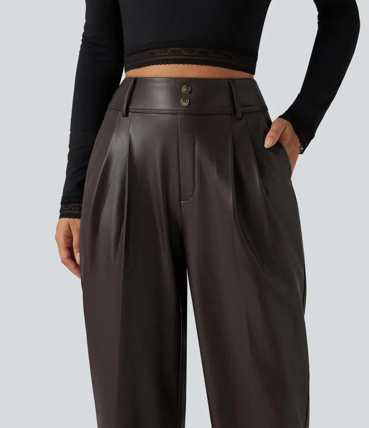 Högmidjad avsmalnande stretchig PU fleece vardagsbyxor med fickor