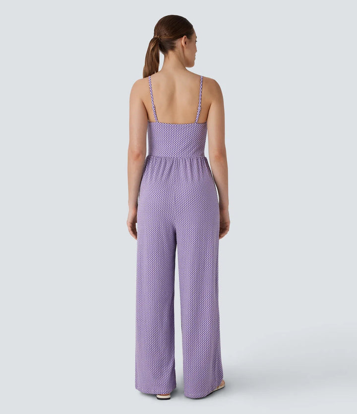 Justerbar och avtagbar rem rynkat ficka rutig vardaglig jumpsuit