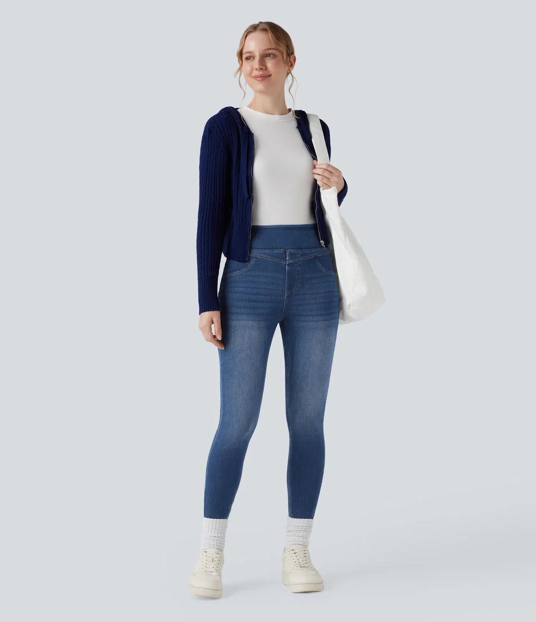 Halara Flex med hög midja denim för vardag smal 7/8 leggings med fickor