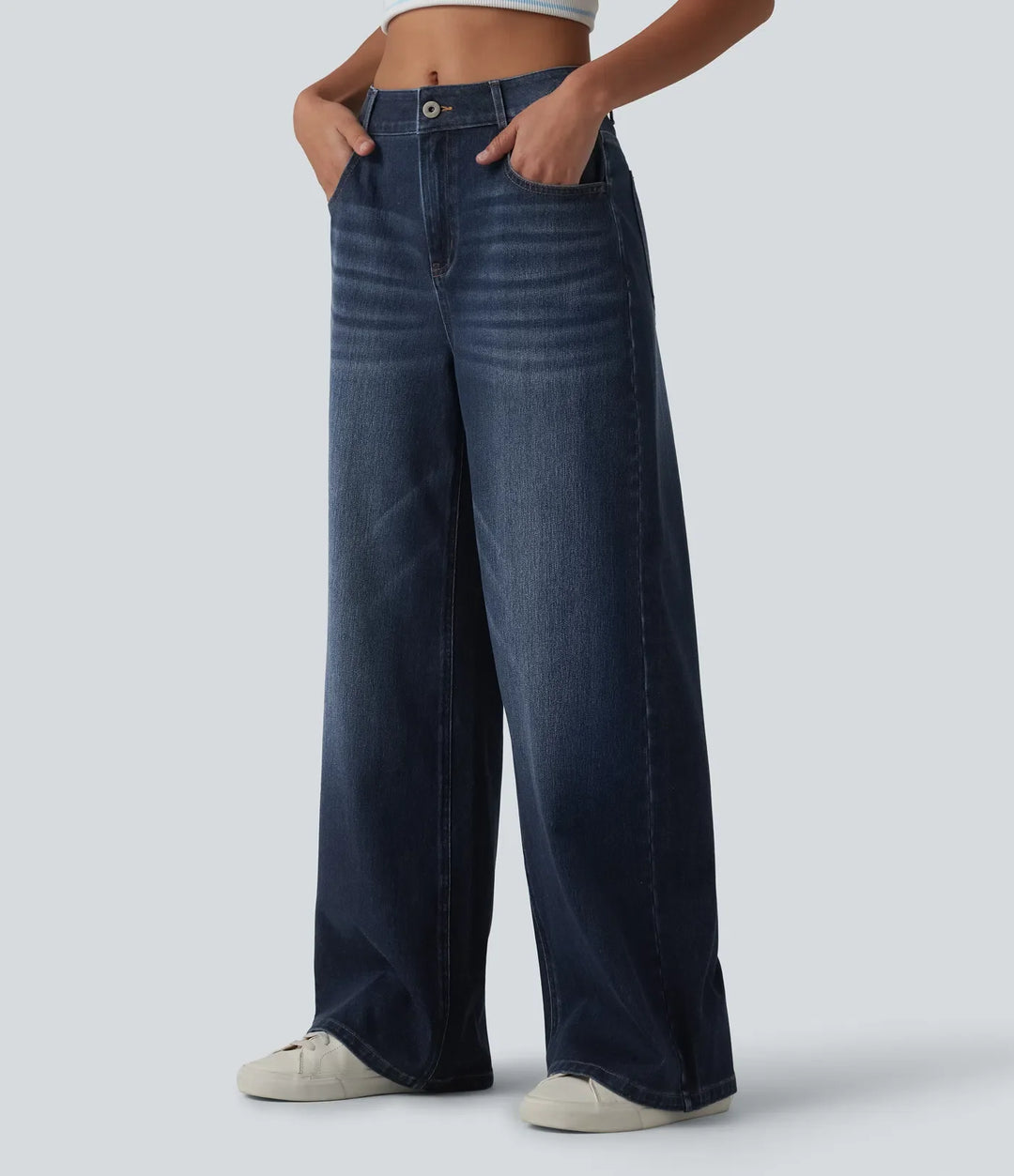 Lyckera Flex medelhög midja tvättad baggy vida ben vardagsjeans med fickor