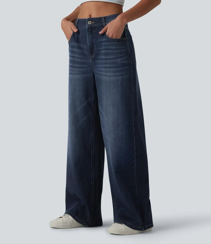 Lyckera Flex medelhög midja tvättad baggy vida ben vardagsjeans med fickor