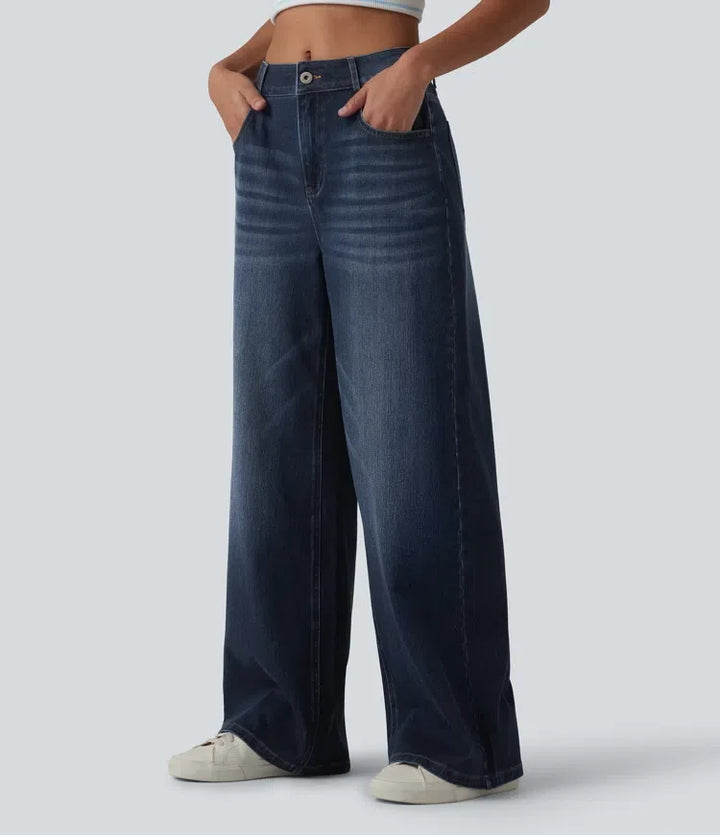 Lyckera Flex medelhög midja tvättad baggy vida ben vardagsjeans med fickor