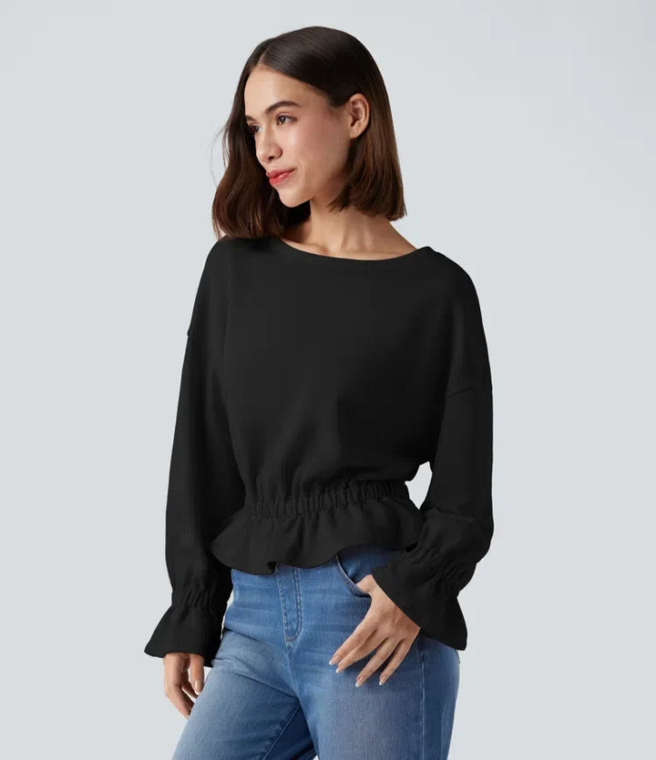 Rund hals långärmad volangfåll vardaglig bomull sweatshirt