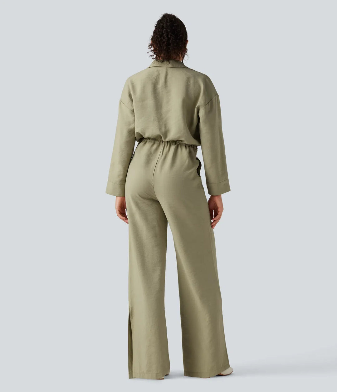 Långärmad dragsko vida ben arbetsjumpsuit med fickor