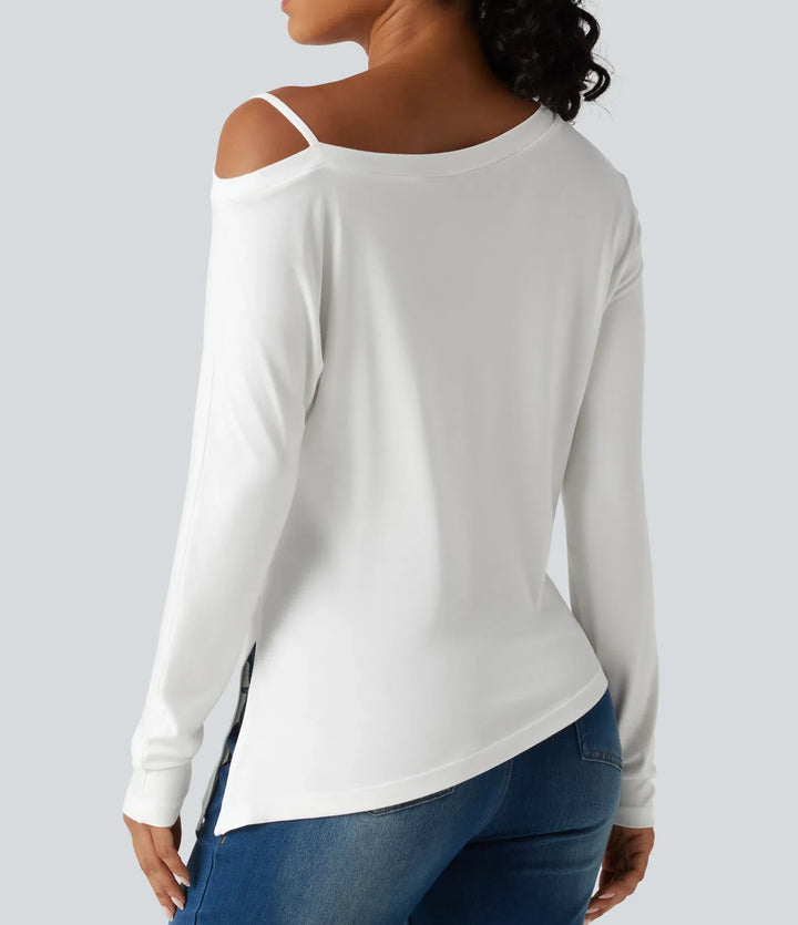 Ribbad enaxlad långärmad asymmetrisk fåll T-shirt för vardag