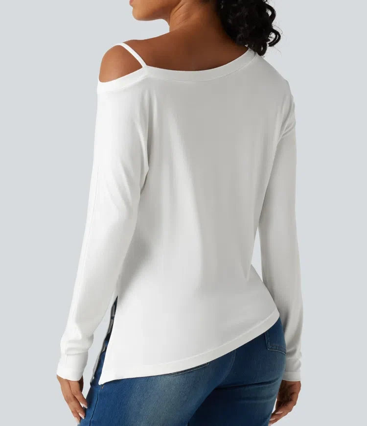 Ribbad enaxlad långärmad asymmetrisk fåll vardaglig T-shirt