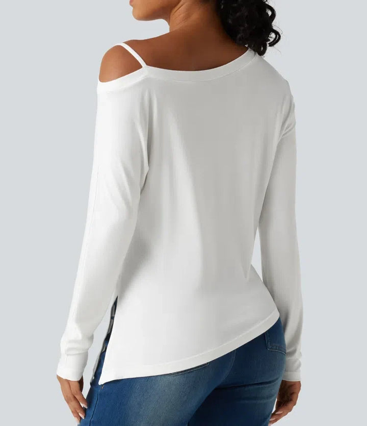 Ribbad enaxlad långärmad asymmetrisk fåll vardaglig T-shirt
