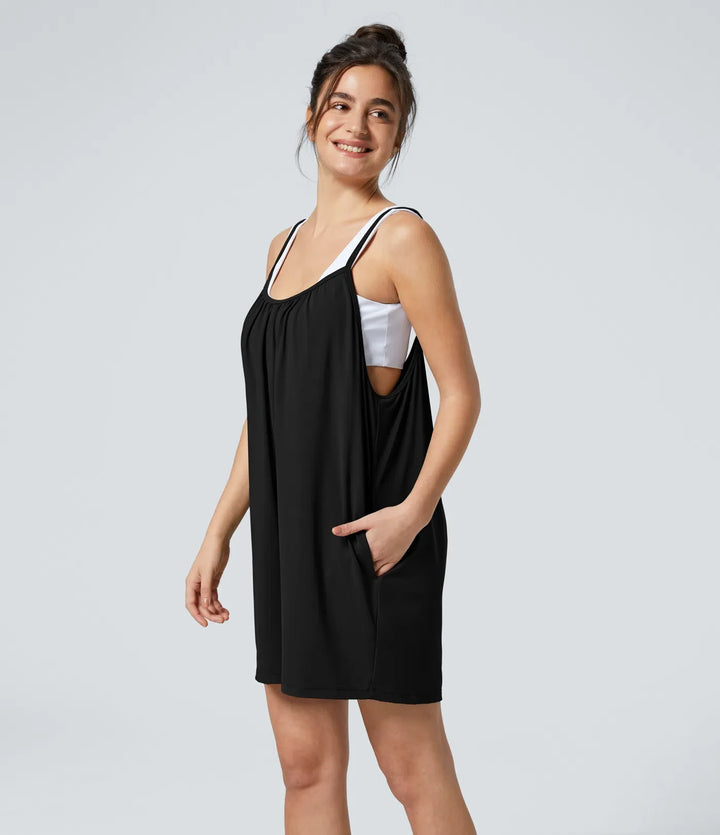 Spaghetti ficka enfärgad vida ben vardaglig jumpsuit