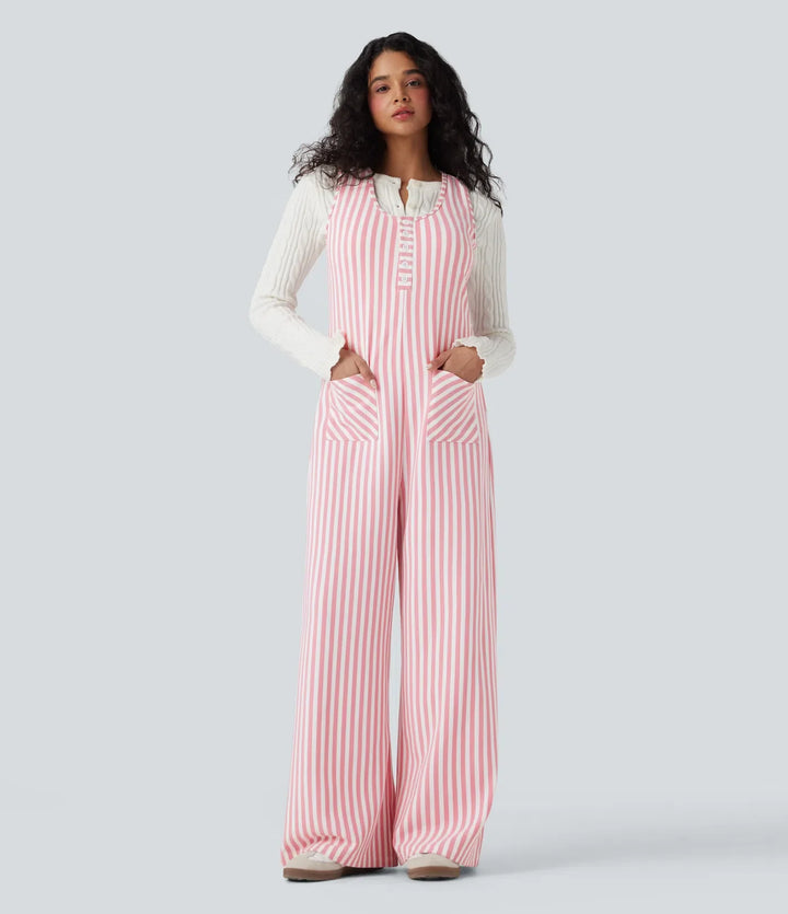 U-ringad ärmlös randig våffelstruktur vardaglig jumpsuit med fickor