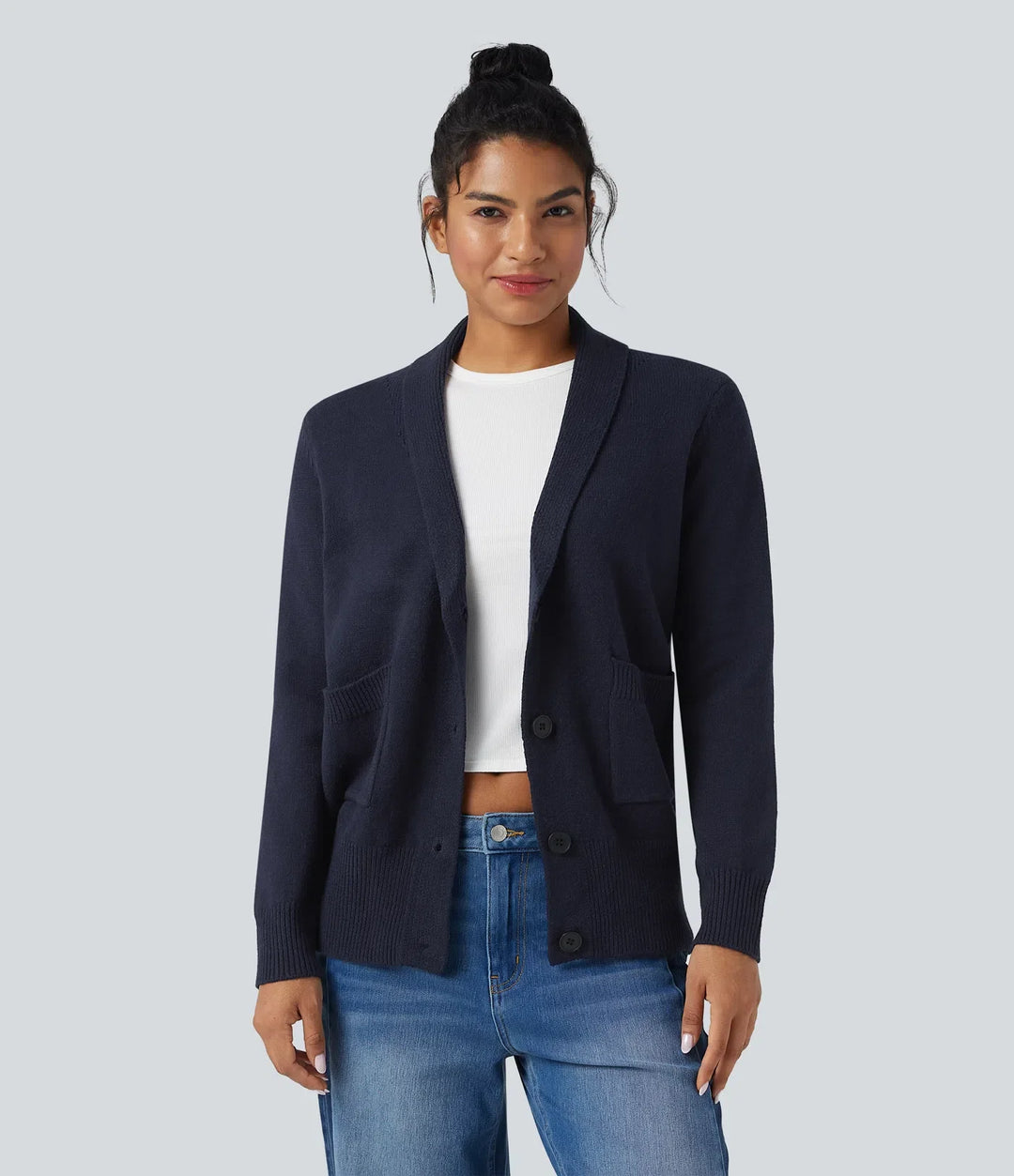 Slagkrage långärmad vardaglig cardigan med fickor