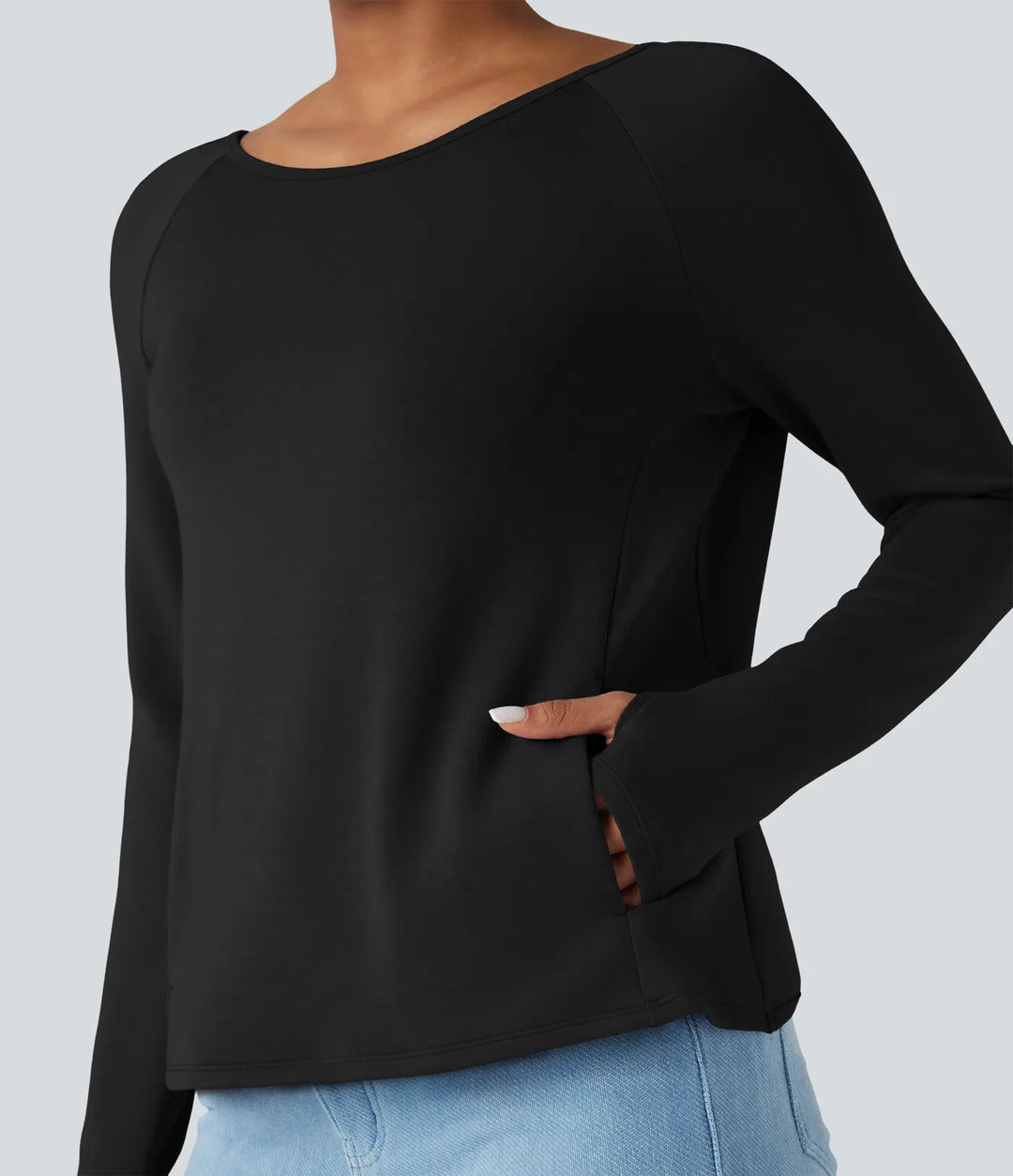 SpacerTek rygglös vriden långärmad tumhål vardaglig sweatshirt med fickor