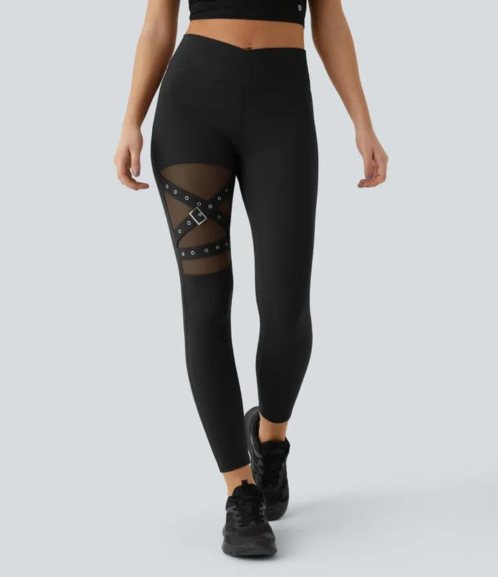 DayStretch med hög midja omlott kontrastmesh dekorativ spänne yogaleggings