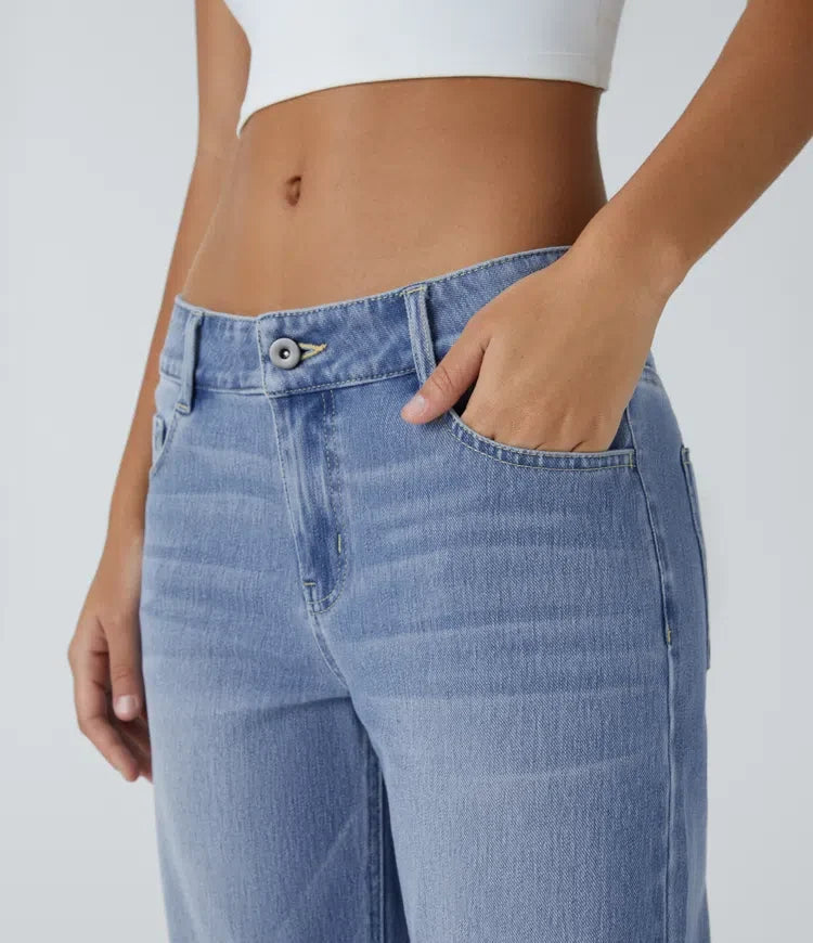 Halara Flex med låg midja dragkedja fickor raka ben tvättad vardagsjeans