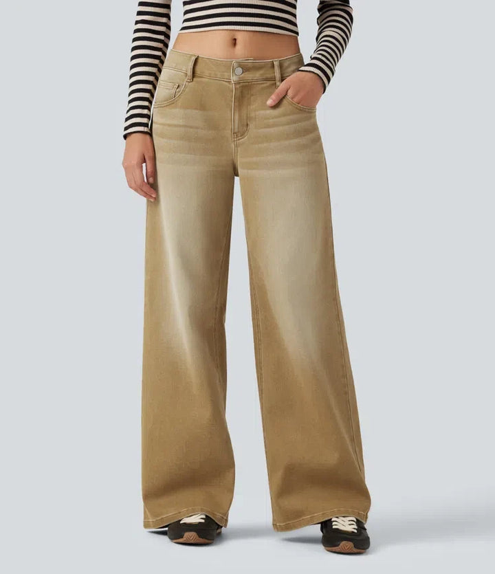 Med låg midja vida ben färgglad vardagsjeans med fickor