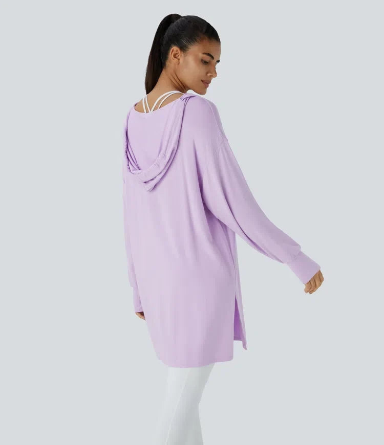 Med huva V-ringad dragsko tumhål lång modell vardaglig sweatshirt