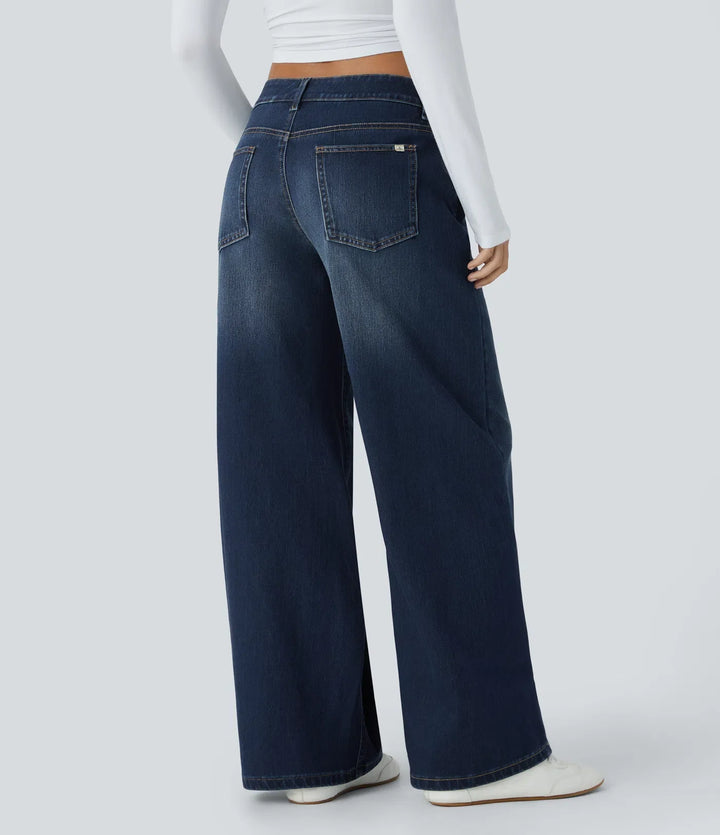 Lyckera Flex asymmetrisk låg midja dragkedja fickor baggy vida ben tvättad vardagsjeans