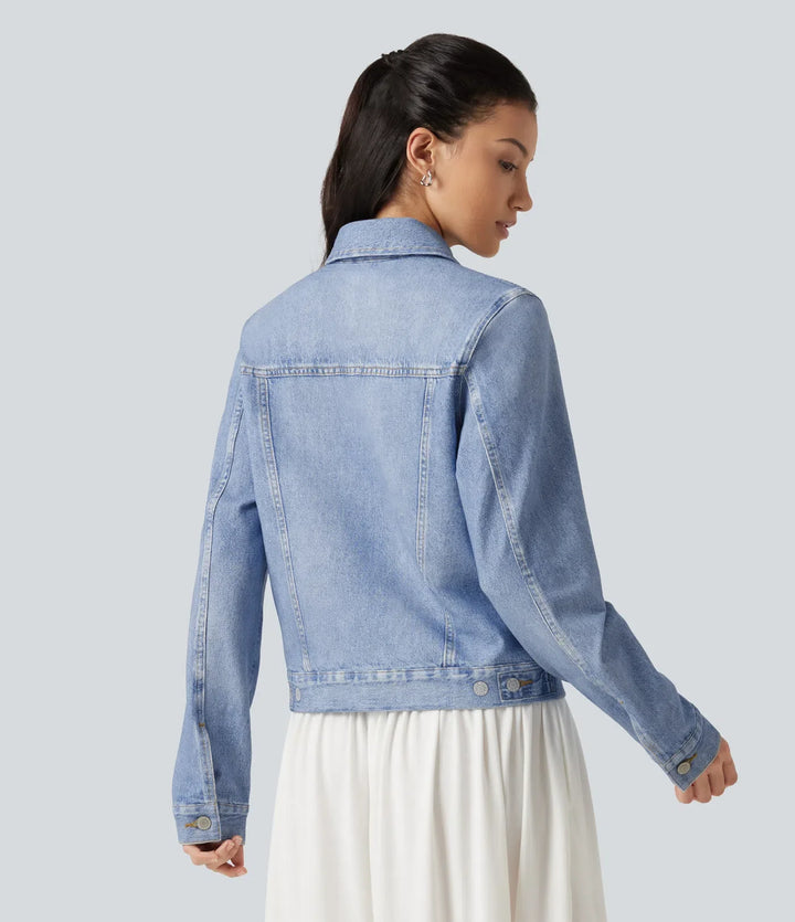 Med krage långärmad denim mönster frotté vardaglig jacka med fickor