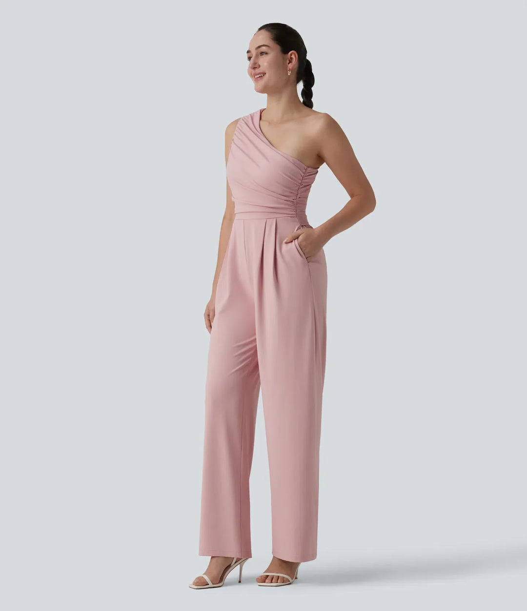 Enaxlad ärmlös rynkat inbyggd BH vardaglig jumpsuit med fickor-Easy Peezy