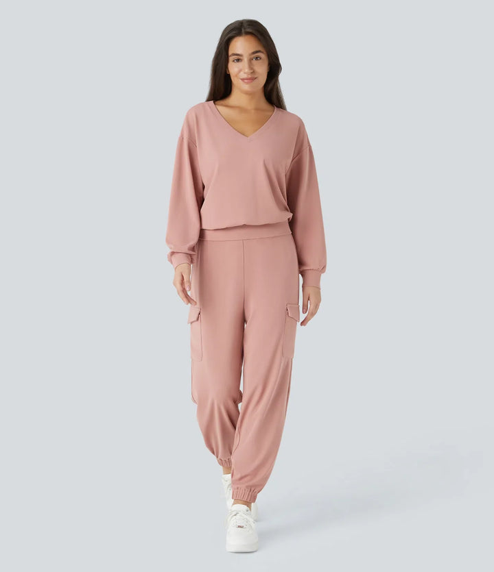 V-ringad nedhasad axel långärmad våffelstruktur vardaglig sweatshirt