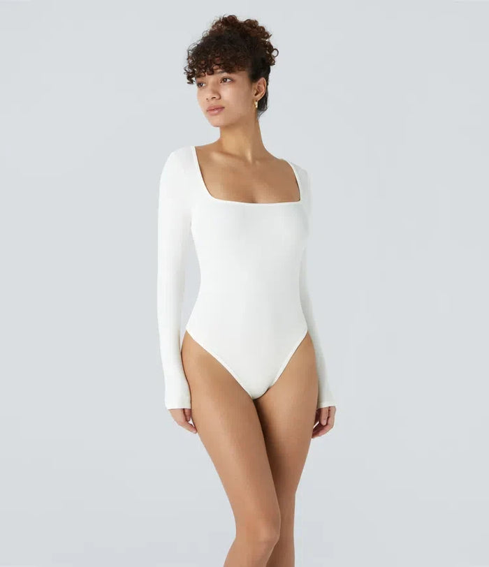 Ribbstickad fyrkantig halsringning långärmad skinny vardaglig kropp