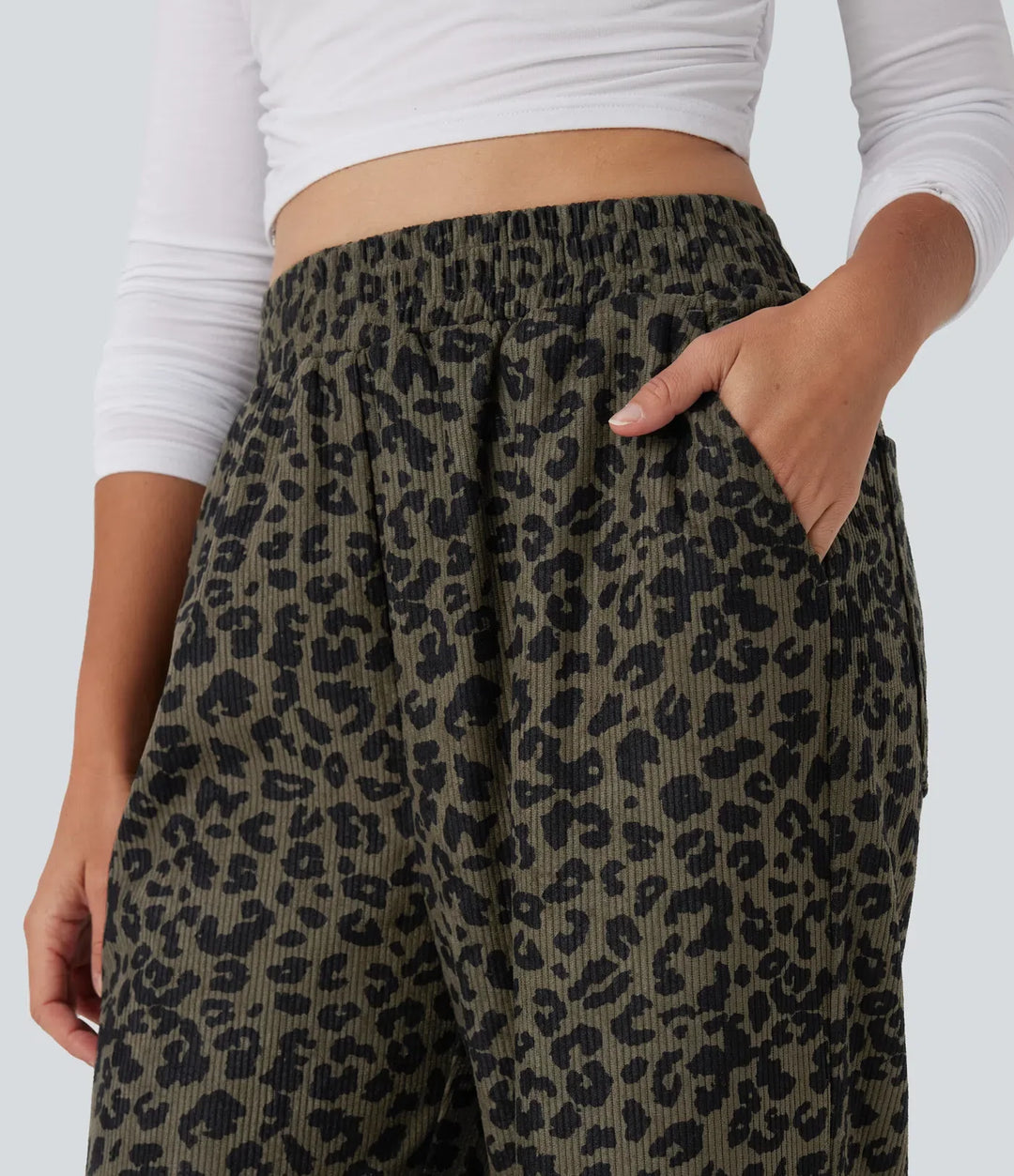 Med hög midja leopardmönstrad manchester för vardag baggy byxor med fickor