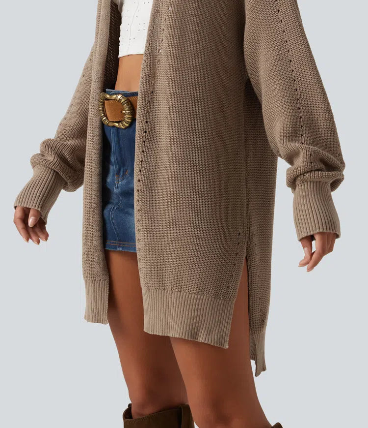V-ringad öppen front långärmad lång modell vardaglig cardigan