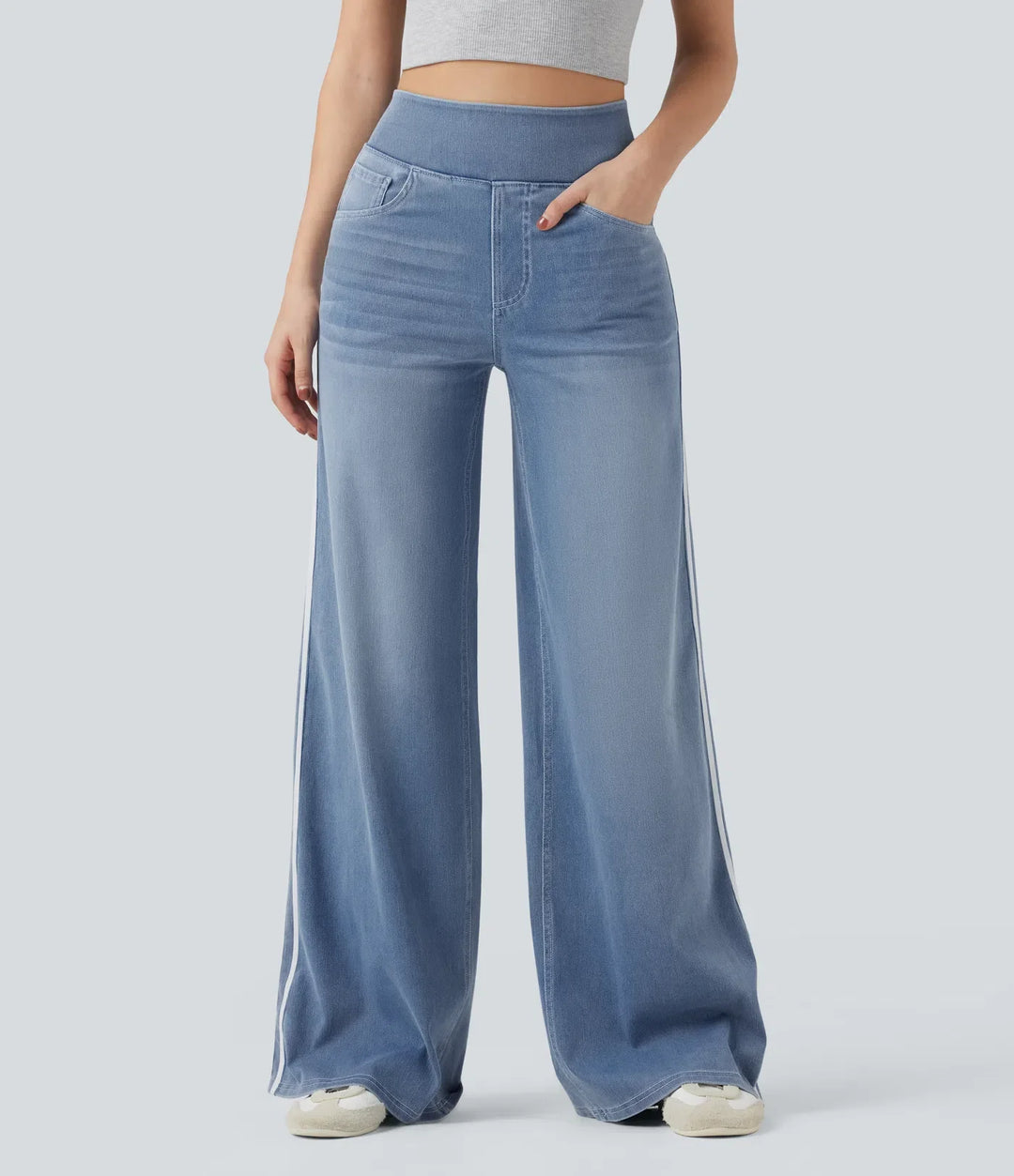 Halara Flex med hög midja rand vida ben följsam tvättad vardagsjeans med fickor