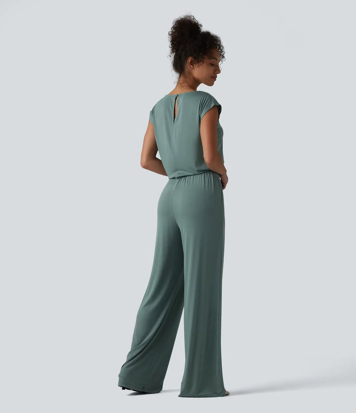 V-ringad ärmlös dragsko vardaglig jumpsuit med fickor-Easy Peezy