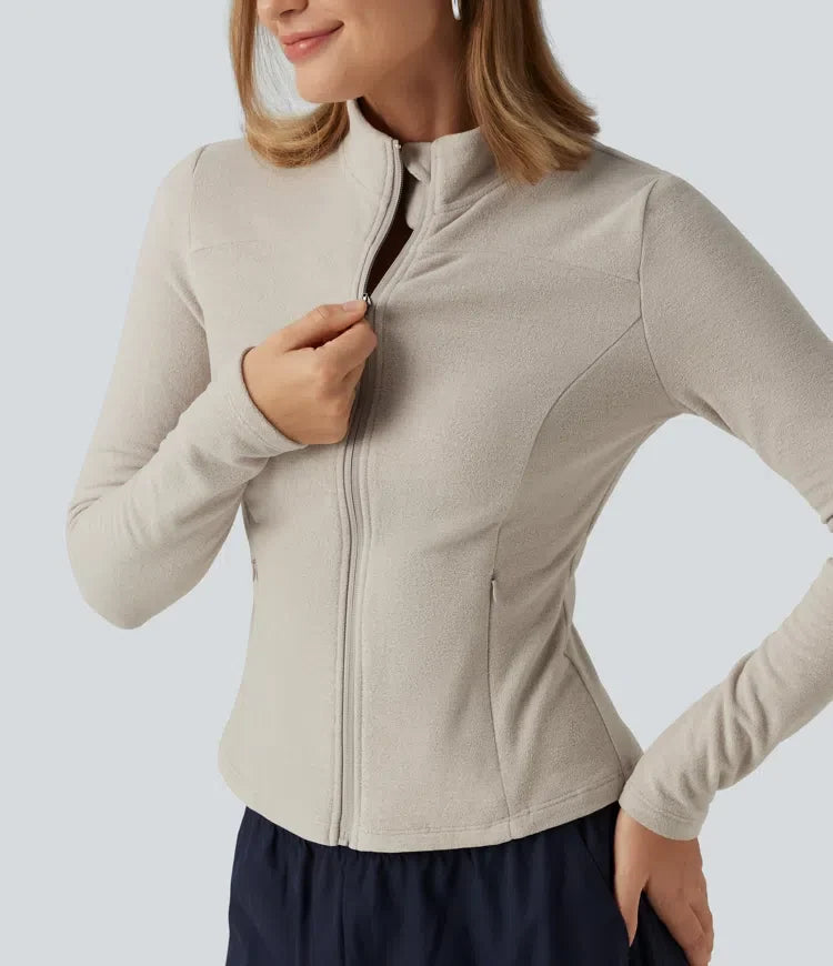 Ståkrage långärmad fleece vardaglig jacka med fickor